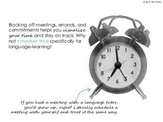 Blocking off meetings, errands, and
commitments helps you visualize
your time and stay on track. Why
not schedule time specifically for
language-learning?
Image © Alan Cleaver
If you had a meeting with a language tutor,
you’d show up, right? Literally schedule a
meeting with yourself and treat it the same way.
 