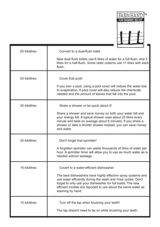 25 kilolitres    Convert to a dual-flush toilet

                New dual flush toilets use 6 litres of water for a full flush, and 3
                litres for a half-flush. Some older cisterns use 11 litres with each
                flush.


25 kilolitres    Cover that pool!

                If you own a pool, using a pool cover will reduce the water lost
                to evaporation. A pool cover will also reduce the chemicals
                needed and the amount of leaves that fall into the pool.


20 kilolitres    Share a shower or be quick about it!

                Share a shower and save money on both your water bill and
                your energy bill. A typical shower uses about 25 litres every
                minute and lasts on average about 8 minutes. If you share a
                shower or take a shorter shower instead, you can save money
                and water.


20 kilolitres    Don't forget that sprinkler!

                A forgotten sprinkler can waste thousands of litres of water per
                hour. A sprinkler timer will allow you to use as much water as is
                needed without wastage.


15 kilolitres    Covert to a water-efficient dishwasher

                The best dishwashers have highly effective spray systems and
                use water efficiently during the wash and rinse cycles. Don't
                forget to only use your dishwasher for full loads. The new
                efficient models are reported to use about the same water as
                washing by hand.


15 kilolitres    Turn off the tap when brushing your teeth!

                The tap doesn't need to be on while brushing your teeth.
 