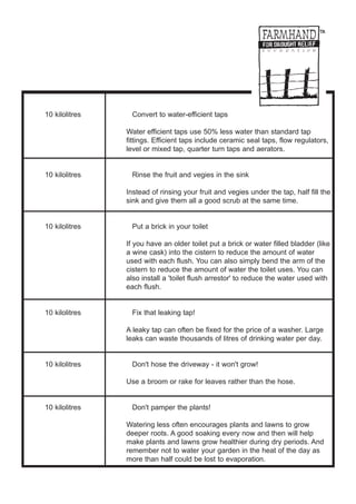 10 kilolitres     Convert to water-efficient taps

                Water efficient taps use 50% less water than standard tap
                fittings. Efficient taps include ceramic seal taps, flow regulators,
                level or mixed tap, quarter turn taps and aerators.


10 kilolitres     Rinse the fruit and vegies in the sink

                Instead of rinsing your fruit and vegies under the tap, half fill the
                sink and give them all a good scrub at the same time.


10 kilolitres     Put a brick in your toilet

                If you have an older toilet put a brick or water filled bladder (like
                a wine cask) into the cistern to reduce the amount of water
                used with each flush. You can also simply bend the arm of the
                cistern to reduce the amount of water the toilet uses. You can
                also install a 'toilet flush arrestor' to reduce the water used with
                each flush.


10 kilolitres     Fix that leaking tap!

                A leaky tap can often be fixed for the price of a washer. Large
                leaks can waste thousands of litres of drinking water per day.


10 kilolitres     Don't hose the driveway - it won't grow!

                Use a broom or rake for leaves rather than the hose.


10 kilolitres     Don't pamper the plants!

                Watering less often encourages plants and lawns to grow
                deeper roots. A good soaking every now and then will help
                make plants and lawns grow healthier during dry periods. And
                remember not to water your garden in the heat of the day as
                more than half could be lost to evaporation.
 