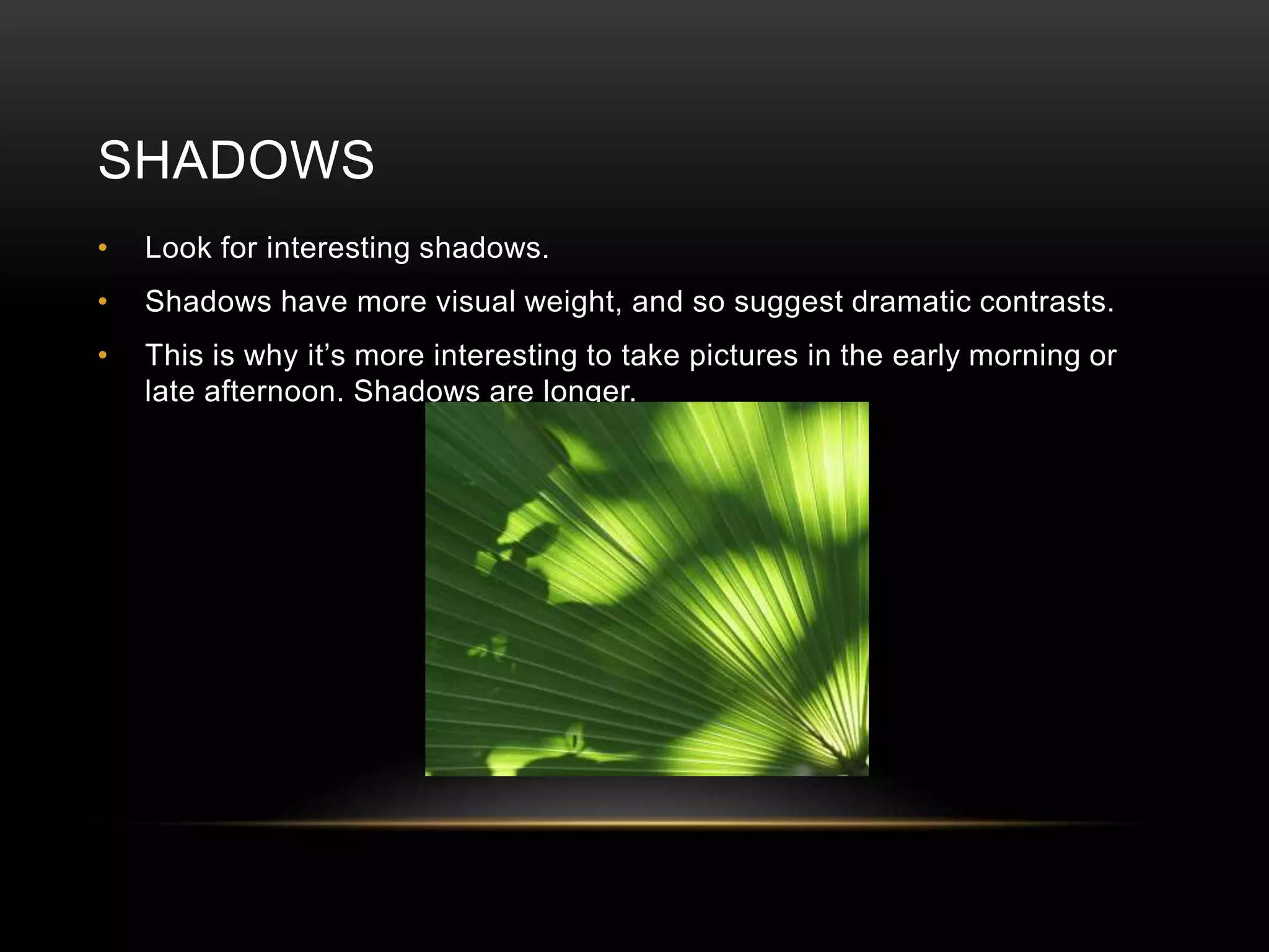 SHADOWS 
• Look for interesting shadows. 
• Shadows have more visual weight, and so suggest dramatic contrasts. 
• This is why it’s more interesting to take pictures in the early morning or 
late afternoon. Shadows are longer. 
 