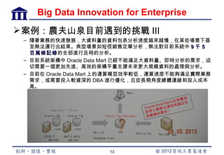 Big Data Innovation for Enterprise
 案例：農夫山泉目前遇到的挑戰 III
 – 隨著業務的快速發展，大資料量的資料包表分析速度越來越慢，在某些場景下甚
   至無法運行出結果。典型場景如短信銷售定單分析，無法對目前系統中 9 千 5
   百萬條記錄的全部進行及時的分析。
   百萬條記錄
 – 目前系統架構中 Oracle Data Mart 已經不能滿足大資料量、即時分析的需求，迫
   切需要一個更加先進、高效的架構平臺支撐未來更大規模資料的處理與分析。
 – 目前在 Oracle Data Mart 上的運算模型效率較低，運算速度不能夠滿足實際業務
   需求，或需要投入較資深的 DBA 進行優化，且從長期角度總體運維和投入成本
   高。




                      13
 