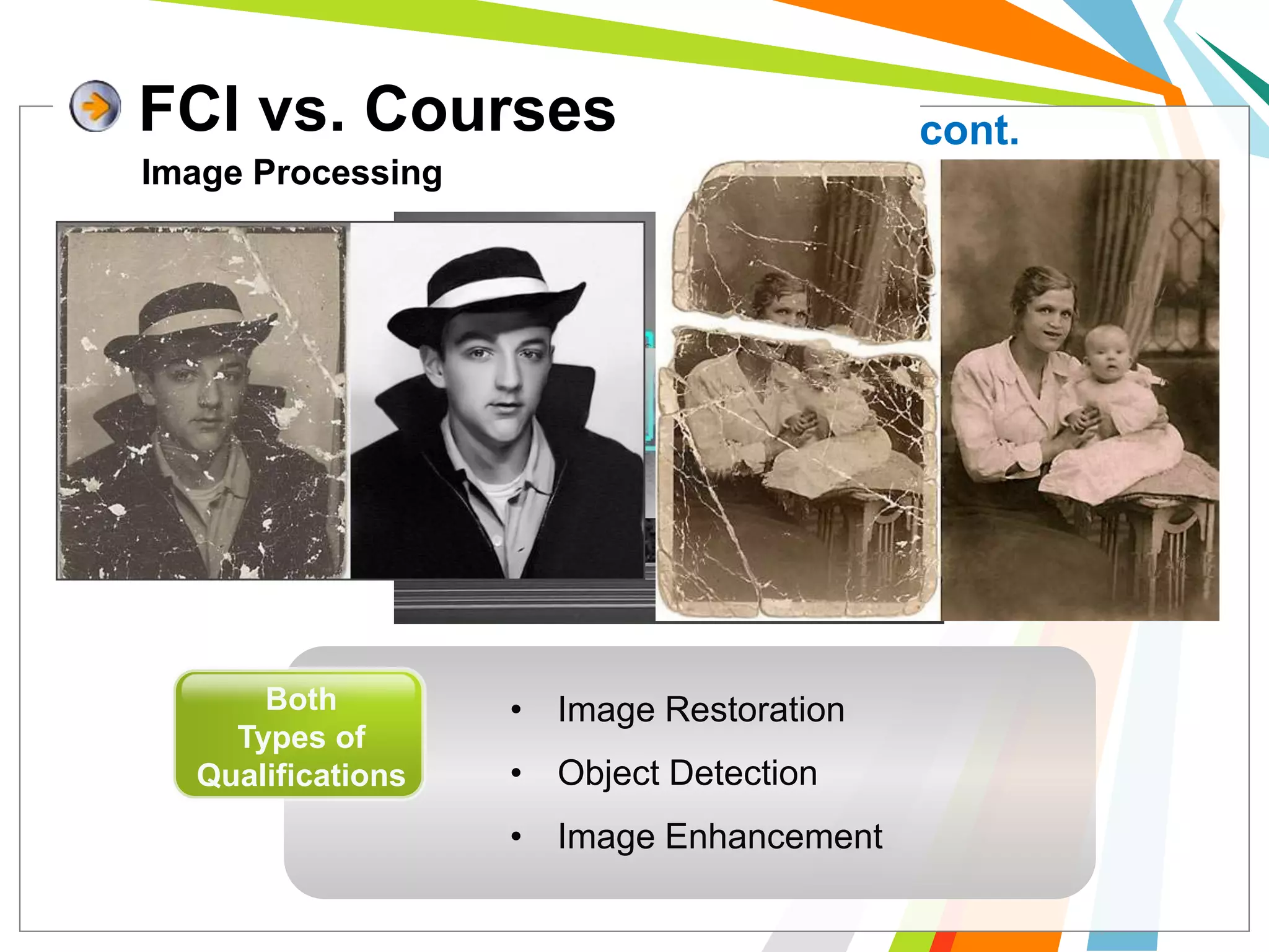 Technical
Qualifications
Only
??? !!!
FCI vs. Courses cont.
Image Processing
• Image Restoration
• Object Detection
• Image Enhancement
Both
Types of
Qualifications
 