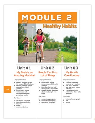 Module 2
Health
Language Functions
• Identify the main parts of
the body and their features
• Understand short, simple
descriptions of body
problems
• Create short, simple
sentences about
recommendations to
protect our bodies
Text Types:
• descriptive paragraph
• informative sentences
• interview
• report
• recommendations
Language Functions
• Create short, simple
sentences about interests
and likes
• Describe what you and
other people can/can’t do
• Ask and answer questions
about what people are
doing
Text Types:
• explanatory paragraph
• informative paragraph
• descriptive paragraph
Language Functions
• Describe habits and
personal care routines
• Talk about the time
and days when you do
activities
• Exchange personal
information about daily
activities
Text Types:
• informative paragraph
• lists
• survey
My Body is an
Amazing Machine!
People Can Do a
Lot of Things
My Health
Care Routine
Unit 1 Unit 2 Unit 3
Healthy Habits
48
L6M2_SB_Module Presentation_AFL_131016_OK.indd 48 14/12/16 10:42 a.m.
 