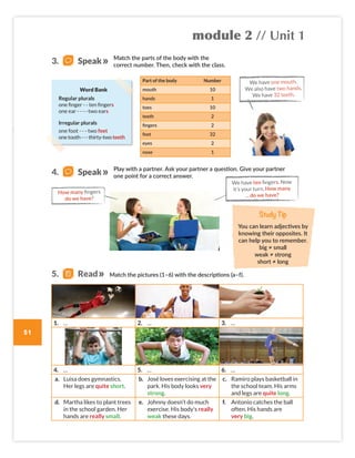 5. Read
module 2 // Unit 1
51
Study Tip
You can learn adjectives by
knowing their opposites. It
can help you to remember.
big ≠ small
weak ≠ strong
short ≠ long
Match the parts of the body with the
correct number. Then, check with the class.
Play with a partner. Ask your partner a question. Give your partner
one point for a correct answer.
Match the pictures (1–6) with the descriptions (a–f).
Part of the body Number
mouth 10
hands 1
toes 10
teeth 2
fingers 2
feet 32
eyes 2
nose 1
We have one mouth.
We also have two hands.
We have 32 teeth.
Word Bank
Regular plurals
one finger - - ten fingers
one ear - - - -two ears
Irregular plurals
one foot - - - two feet
one tooth---thirty-two teeth
We have ten fingers. Now
it’s your turn. How many
… do we have?
How many fingers
do we have?
3. Speak
4. Speak
1. … 2. … 3. …
4. … 5. … 6. …
a. Luisa does gymnastics.
Her legs are quite short.
b. José loves exercising at the
park. His body looks very
strong.
c. Ramiro plays basketball in
the school team. His arms
and legs are quite long.
d. Martha likes to plant trees
in the school garden. Her
hands are really small.
e. Johnny doesn’t do much
exercise. His body's really
weak these days.
f. Antonio catches the ball
often. His hands are
very big.
Colombia_Book 6_L6M2U1.indd 51 01/12/2016 12:36
 