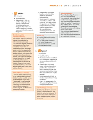 Unit // 1 Lesson // 3
Module // 2
T56
1. Speak
(25 minutes)
▪ Read the rubric.
▪ Ask students if they are
familiar with graphs like
the one in the exercise.
What information does
the graph show? Why are
colours important? Do they
understand the information in
the graph?
21st Century skills
Information Literacy
The internet and social networks
manage a great amount of
information about people,
characteristics, animals and many
more categories. Therefore,
sometimes information is
organized in groups of numbers
and presented using graphs like
the one in the exercise. Usually,
a graph includes information (for
example, students, accidents,
animals, sports, etc.) in a specific
context. Identifying the graph
in which the information is
presented and the relation of
numbers helps us to be much
more informed about the world
around us and have a more solid
opinion about it.
Extra Activity (15 minutes)
Check students’ understanding
of the graph by asking them to
think of another possible context
in which a graph can be used.
For example, a graph showing
the number of students and
computers in a school, soccer
teams in Colombia and the
number of goals, etc. Elicit some
ideas from students.
▪ Ask a student to read the
heading on the left of the
graph and check their
understanding.
▪ Students work in pairs and
answer the questions. Tell
them that they have to read
the questions carefully and
find the information in the
graph to answer them.
▪ Go around the class
monitoring their work and
providing help if necessary.
Answer Key
a. In total, 38 accidents happen
per week.
b. A lot of accidents happen in
the school playground.
c. You have to be more careful
outside the classroom.
2. Speak
(20 minutes)
▪ Read the rubric.
▪ Students combine words from
each column and make logical
sentences about accidents in
school.
▪ Ask a student to read the
model and have the student
point to what expressions
were combined to make that
sentence. Point out that more
than one combination may be
possible.
▪ Encourage students to be as
creative as possible and enjoy
the activity.
▪ Check the answers with the
class, accepting that there are
many possible answers.
Extra Activity (5 minutes)
Elicit from students the grammar
studied in previous lessons and
check the use of the connector if.
Remind them of the order of the
words and ask students to make
sentences.
Suggested answers:
We can hurt our legs if we run
too fast in the school hall.
We can cut our fingers if we don’t
use the necessary protection.
We can hurt our backs if we don’t
follow our teacher’s suggestions.
We can hit our faces if we don’t
pay attention when we walk.
We can break our arms if we jump
on the school stairs.
We can hit our heads if we don’t
look in front of us.
We can hurt our hands if we push
our classmates in a game.
 
