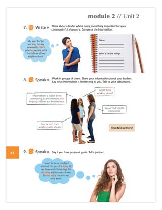 module 2 // Unit 2
65
Great! Is he
working alone?
Work in groups of three. Share your information about your leaders.
Say what information is interesting to you. Talk to your classmates.
Say if you have personal goals. Tell a partner.
Wow! That’s really
interesting.
Think about a leader who’s doing something important for your
community/city/country. Complete the information.
Name:
What’s he/she doing?
My aunt Carla’s
working for my
community. She’s
painting murals with
the children of my
neighbourhood.
I want to be an excellent
student this year. I’m doing all
my homework these days. I’m
checking my lessons at home.
I’m not using the internet
very much.
My brother’s a leader in my
community. At the moment, he’s
helping children eat healthy food.
No, he isn’t. He’s
working with a team.
7. Write
8. Speak
9. Speak
Final task activity!
Colombia_Book 6_L6M2U2.indd 65 02/12/2016 09:54
 