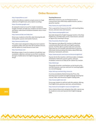 382
http://repeatafterus.com/
In this online library, students can get access to a huge
collection of English texts and scripted recordings.
https://translate.google.com/
An awesome resource to use for simple translations,
Google Translate can help your students see how it’s done
and better understand translations between two or more
languages.
http://www.esl-lab.com/index.htm
Direct your students to this ESL cyber listening lab with
study guides, quizzes and teacher features.
http://www.vocabulix.com/
This online tool is designed to help jump-start students’
vocabulary skills, with more than 90 vocabulary lessons,
and the option to create lessons of your own.
http://wordsteps.com/
Wordsteps makes it easy for students to build their own
vocabulary collection, and even access their vocabulary
through a mobile device for English language learning on
the go.
Teaching Resources
With these resources, you can find great ways to
communicate more effectively, explore lessons, and be a
great ELL teacher.
http://www.uen.org/k12educator/ell/
This is a great list of resources for ELL, with teaching ideas,
forums, and even news and research.
http://www.onestopenglish.com/
Specially designed for English language teachers, One Stop
English has a monthly topics series, news lessons, and even
an app for ELL teaching on the go.
http://casanotes.4teachers.org/
This ingenious tool allows ELL teachers to effectively
communicate effectively with non-English speaking
parents. You’ll be able to quickly make and customize
notes that you can translate and send home to parents,
effectively communicating information about field trips,
behaviour, homework, and more.
https://www.wyzant.com/resources/lessons/english/esl
A great site for ELL teachers, with lesson plans, strategies,
worksheets, flashcards, quizzes, games, and even
vocabulary resources to help you be a better ELL teacher.
http://a4esl.org/
Thousands of teacher contributions can be found on this
site full of quizzes, exercises and tests for teaching English
as a second language.
https://elt.oup.com/learning_resources
A service provided by Oxford University Press, this
learning resources bank for English language teaching has
courses, titles, and interactive English reading tools.
http://www.english-test.net/
Encourage students to self-test with this website, offering
free English tests, grammar exercises, and worksheets.
http://www.ef.com/english-resources/english-test/
Have a look at these tests and games that offer a great way
for students to test and improve their English language
skills.
Online Resources
 