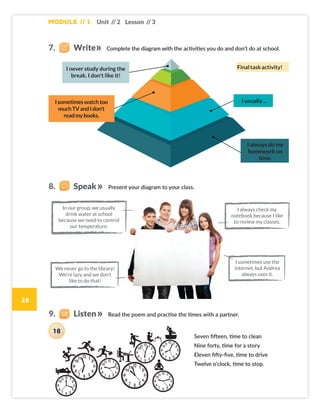 28
Module // 1 Unit // 2 Lesson // 3
Complete the diagram with the activities you do and don’t do at school.
Present your diagram to your class.
Read the poem and practise the times with a partner.
We never go to the library!
We’re lazy and we don’t
like to do that!
I never study during the
break. I don't like it!
Isometimeswatchtoo
muchTVandIdon't
readmybooks.
I usually ...
I always do my
homework on
time.
In our group, we usually
drink water at school
because we need to control
our temperature.
I always check my
notebook because I like
to review my classes.
I sometimes use the
internet, but Andrea
always uses it.
Seven fifteen, time to clean
Nine forty, time for a story
Eleven fifty-five, time to drive
Twelve o’clock, time to stop.
7. Write
8. Speak
9. Listen
Finaltaskactivity!
18
 
