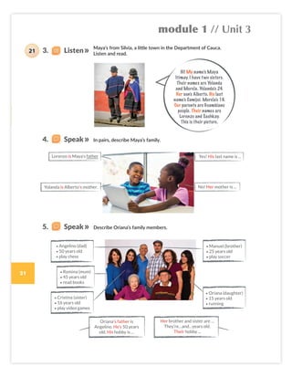module 1 // Unit 3
31
Maya’s from Silvia, a little town in the Department of Cauca.
Listen and read.
In pairs, describe Maya’s family.
Describe Oriana’s family members.
• Angelino (dad)
• 50 years old
• play chess
• Romina (mum)
• 45 years old
• read books
• Cristina (sister)
• 16 years old
• play video games
• Manuel (brother)
• 25 years old
• play soccer
• Oriana (daughter)
• 15 years old
• running
3. Listen
21
4. Speak
5. Speak
Oriana’s father is
Angelino. He’s 50 years
old. His hobby is …
Her brother and sister are …
They’re…and…years old.
Their hobby ...
Hi! My name’s Maya
Itimay. I have two sisters.
Their names are Yolanda
and Morela. Yolanda’s 24.
Her son’s Alberto. His last
name’s Camijoi. Morela’s 16.
Our parents are Guambiano
people. Their names are
Lorenzo and Sashkay.
This is their picture.
Lorenzo is Maya’s father. Yes! His last name is ...
Yolanda is Alberto’s mother. No! Her mother is ...
Colombia_Book 6_L6M1U3.indd 31 01/12/2016 13:53
 