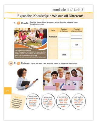 module 1 // Unit 3
Expanding Knowledge » We Are All Different!
Read the Kansas School Newspaper article about the volleyball team.
Complete the chart.
Listen and read. Then, write the names of the people in the photo.
Name
Position
in the team
Physical
characteristics
Neil Patrick
tall
coach
William Blunt
is tall. His hair
is really short,
curly and black.
He has brown
eyes.
Josh Samir is
short and thin.
He has short,
wavy, fair hair.
His eyes are
blue.
Neil Patrick is
medium-height.
He has short,
black, curly
hair. His eyes are
brown.
This is the school volleyball
team. The captain, Neil Patrick, is the guy on the left.
His hair is short, curly and black. The libero is Harry
Jones. He’s tall and blond. Ms O’Hara,
the woman with long, straight, black hair is the coach.
Study Tip
Make a word
list in order to
remember the
vocabulary
you learn.
Harry Jones
is really tall. He
has straight,
blond, short
hair. He has
green eyes.
2. Listen
22
1. Read
Colombia_Book 6_L6M1U3.indd 33 01/12/2016 13:54
33
 