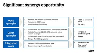 Significant synergy opportunity
Opex
synergies
Capex
synergies
Integration
costs
 Consolidation and rationalisation of existing radio networks
 Rollout of common 2G / 3G / LTE network to extend
network coverage
 Consolidation of backbone, backhaul and core network
 Merged IT and billing systems
 Migration of IT systems to common platforms
 Reduction in SG&A costs
 Rationalisation of processes
 Network, IT and billing integration opex
 Decommissioning of redundant sites
 ~4-6% of combined
costs
 1-2 years
 >17-20% of
combined spend
 3 years
 ~SEK130-170m
 First year of
operations
 