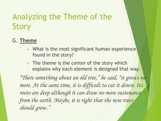 Analyzing the Theme of the
Story
G. Theme
 What is the most significant human experience
found in the story?
 The theme is the center of the story which
explains why each element is designed that way.
“There something about an old tree,” he said, “it grows no
more. At the same time, it is difficult to cut it down. Its
roots are deep although it can draw no more sustenance
from the earth. Maybe, it is right that the new trees
should grow.”
 