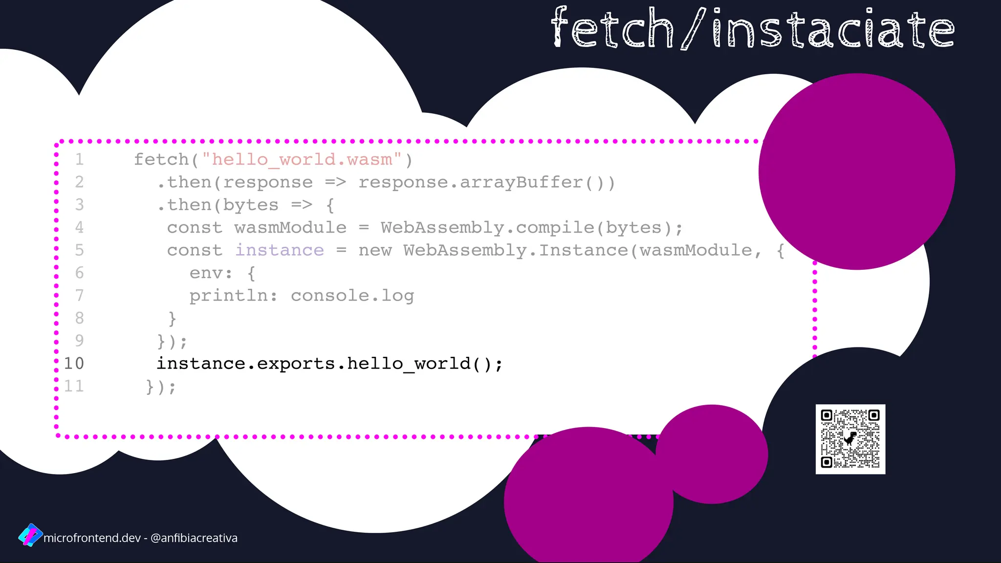 fetch/instaciate
microfrontend.dev - @anﬁbiacreativa
fetch("hello_world.wasm")
1
.then(response => response.arrayBuffer())
2
.then(bytes => {
3
const wasmModule = WebAssembly.compile(bytes);
4
const instance = new WebAssembly.Instance(wasmModule, {
5
env: {
6
println: console.log
7
}
8
});
9
instance.exports.hello_world();
10
});
11
.then(response => response.arrayBuffer())
fetch("hello_world.wasm")
1
2
.then(bytes => {
3
const wasmModule = WebAssembly.compile(bytes);
4
const instance = new WebAssembly.Instance(wasmModule, {
5
env: {
6
println: console.log
7
}
8
});
9
instance.exports.hello_world();
10
});
11
const wasmModule = WebAssembly.compile(bytes);
const instance = new WebAssembly.Instance(wasmModule, {
fetch("hello_world.wasm")
1
.then(response => response.arrayBuffer())
2
.then(bytes => {
3
4
5
env: {
6
println: console.log
7
}
8
});
9
instance.exports.hello_world();
10
});
11
instance.exports.hello_world();
fetch("hello_world.wasm")
1
.then(response => response.arrayBuffer())
2
.then(bytes => {
3
const wasmModule = WebAssembly.compile(bytes);
4
const instance = new WebAssembly.Instance(wasmModule, {
5
env: {
6
println: console.log
7
}
8
});
9
10
});
11
 