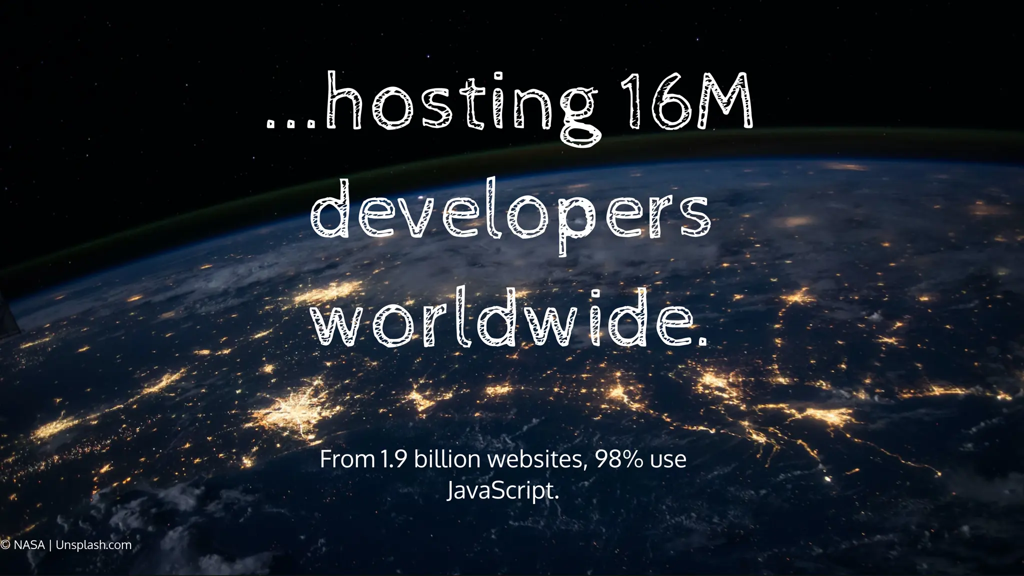 ...hosting 16M
developers
worldwide.
© NASA | Unsplash.com
From 1.9 billion websites, 98% use
JavaScript.
 