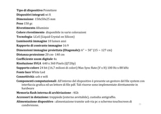 Tipo di dispositivo Proiettore  
Dispositivi integrati wi :i  
Dimensione: 150x50x25 mm 
Peso 150 gr. 
Rivestimento Alluminio 
Colore rivestimento  disponibile in varie colorazioni 
Tecnologia: LCoS (Liquid Crystal on Silicon) 
Luminosità immagine 10 lumen ansi 
Rapporto di contrasto immagine 16:9 
Dimensioni immagine proiettata (Diagonale): 6’’ ~ 50’’ (15 ~ 127 cm) 
Distanza proiezione 20 cm‐ 140 cm 
CoefFiciente zoom digitale 4x  
Risoluzione SVGA  640 x 360 Pixels (Q720p) 
Supporto colore 24 bit (16,7 milioni di colori) Max Sync Rate (V x H) 100 Hz x 88 kHz  
Fonte luce White Led 
Connettività: usb e wi:i 
Componenti computazionali: All’interno del dispositivo è presente un gestore del :ile system con 
    interfaccia gra:ica ed un lettore di :ile pdf. Tali risorse sono implementate direttamente in 
    hardware 
Memoria Flash interna di archiviazione : 4Gb 
Accessori in dotazione: treppiede (esterno avvitabile), custodia antigraf:io.  
Alimentazione dispositivo : alimentazione tramite usb via pc o schermo touchscreen di 
                                                                                                   15 
    condivisione. 
 