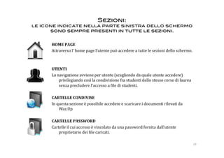 Sezioni: !
le icone indicate nella parte sinistra dello schermo
      sono sempre presenti in tutte le sezioni.!


      HOME PAGE 
      Attraverso l’ home page l’utente può accedere a tutte le sezioni dello schermo. 
        

      UTENTI  
      La navigazione avviene per utente (scegliendo da quale utente accedere) 
          privilegiando così la condivisione fra studenti dello stesso corso di laurea 
          senza precludere l’accesso a :ile di studenti. 

      CARTELLE CONDIVISE 
      In questa sezione è possibile accedere e scaricare i documenti rilevati da 
          Waz.Up 
        
      CARTELLE PASSWORD 
      Cartelle il cui accesso è vincolato da una password fornita dall’utente 
          proprietario dei :ile caricati. 

                                                                                          29 
 
