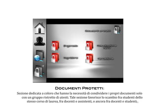 Documenti Protetti:  
Sezione dedicata a coloro che hanno la necessità di condividere i propri documenti solo 
   con un gruppo ristretto di utenti. Tale sezione favorisce lo scambio fra studenti dello 
      stesso corso di laurea, fra docenti e assistenti, o ancora fra docenti e studenti.  
                                                                                      35 
 