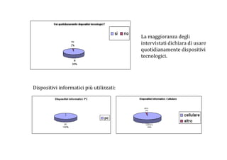     La maggioranza degli 
                                               intervistati dichiara di usare 
                                               quotidianamente dispositivi 
                                               tecnologici. 




Dispositivi informatici più utilizzati: 
 
