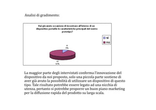 Analisi di gradimento: 




    La maggior parte degli intervistati conferma l’innovazione del 
    dispositivo da noi proposto, solo una piccola parte sostiene di 
    aver già avuto la possibilità di utilizzare un dispositivo di questo 
    tipo. Tale risultato potrebbe essere legato ad una nicchia di 
    utenza, pertanto si potrebbe proporre un buon piano marketing 
    per la diffusione rapida del prodotto su larga scala. 
 
