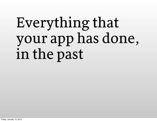 Everything that
                 your app has done,
                 in the past



Friday, January 13, 2012
 