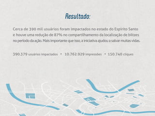 Resultado:
Cerca de 390 mil usuários foram impactados no estado do Espírito Santo
e houve uma redução de 87% no compartilhamento da localização de biltzes
noperíododaação.Maisimportantequeisso,ainiciativaajudouasalvarmuitasvidas.
390.379 usuários impactados • 10.762.929 impressões • 150.740 cliques
 