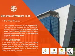 Benefits of Wazzefa Tech
 For The Trainee
- The program ends with a job opportunity,
The cost of the program will be covered by
Nasser Social Bank (NSB) at zero- interest
loan. When interns get hired, they can repay
the loan from their salaries, in installments
payable up to three years.
 For Companies
- companies will be able to fulfill their hiring
needs with a flow of qualified calibers at
annual quarters. In addition, they can reduce
investment expenses spent on the training of
newly hired fresh graduates.
 