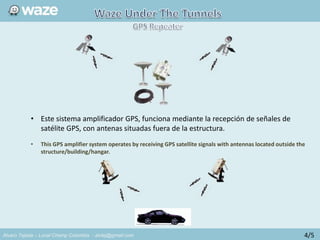 Alvaro Tejada – Local Champ Colombia - alvtej@gmail.com
• Este sistema amplificador GPS, funciona mediante la recepción de señales de
satélite GPS, con antenas situadas fuera de la estructura.
• This GPS amplifier system operates by receiving GPS satellite signals with antennas located outside the
structure/building/hangar.
4/5
 
