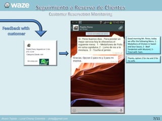 Alvaro Tejada – Local Champ Colombia - alvtej@gmail.com
Pepito Perez
7/11
Good morning Mr. Perez, today
we offer the following Menu. 1 -
Medallions of Chicken in Sweet
and Sour Sauce, 2 - Beef
Tenderloin with Mustard, 3 -
Trout with ham.
Thanks, option 2 for me and 3 for
my wife.
 