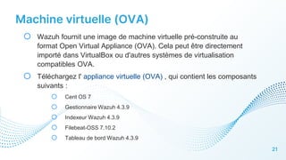 Machine virtuelle (OVA)
21
o Wazuh fournit une image de machine virtuelle pré-construite au
format Open Virtual Appliance (OVA). Cela peut être directement
importé dans VirtualBox ou d'autres systèmes de virtualisation
compatibles OVA.
o Téléchargez l' appliance virtuelle (OVA) , qui contient les composants
suivants :
o Cent OS 7
o Gestionnaire Wazuh 4.3.9
o Indexeur Wazuh 4.3.9
o Filebeat-OSS 7.10.2
o Tableau de bord Wazuh 4.3.9
 