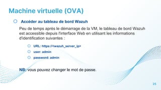 Machine virtuelle (OVA)
25
o Accéder au tableau de bord Wazuh
Peu de temps après le démarrage de la VM, le tableau de bord Wazuh
est accessible depuis l'interface Web en utilisant les informations
d'identification suivantes :
o URL: https://<wazuh_server_ip>
o user: admin
o password: admin
NB: vous pouvez changer le mot de passe.
 