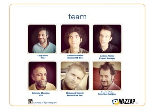 team



     Luigi Gioni 
              Leonardo Grasso
    Andrea Violini
       - Ceo -
                 Senior PHP Dev.
   Project Manager




                                                      Daniele Rollo
Gabriele Mormino
              Muhamed Didovic
    Interface Designer
       CTO
                    Senion PHP Dev.


 Courtesy of App Instagr.am
                                             22
 