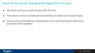 1
1
Thank You for Joining “Managing the Digital Shift in Privacy”
● We will be starting a couple minutes after the hour
● This webinar will be recorded and the recording and slides sent out later today
● Please use the GoToWebinar control panel on the right hand side to submit any
questions for the speakers
 