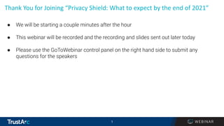 1
1
Thank You for Joining “Privacy Shield: What to expect by the end of 2021”
● We will be starting a couple minutes after the hour
● This webinar will be recorded and the recording and slides sent out later today
● Please use the GoToWebinar control panel on the right hand side to submit any
questions for the speakers
 