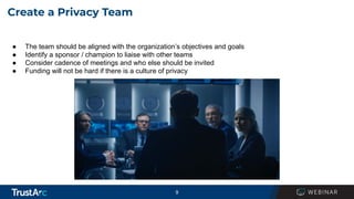 9
Create a Privacy Team
● The team should be aligned with the organization’s objectives and goals
● Identify a sponsor / c...