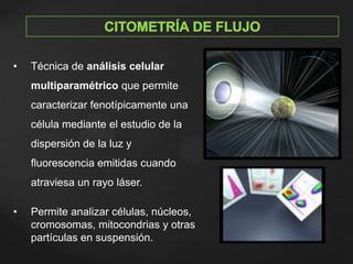 • Técnica de análisis celular
multiparamétrico que permite
caracterizar fenotípicamente una
célula mediante el estudio de la
dispersión de la luz y
fluorescencia emitidas cuando
atraviesa un rayo láser.
• Permite analizar células, núcleos,
cromosomas, mitocondrias y otras
partículas en suspensión.
 