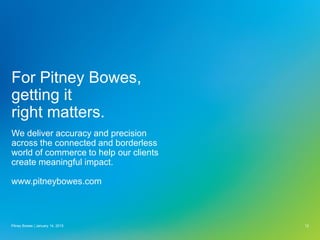 For Pitney Bowes,
getting it
right matters.
We deliver accuracy and precision
across the connected and borderless
world of commerce to help our clients
create meaningful impact.
www.pitneybowes.com
Pitney Bowes | January 14, 2015 12
 