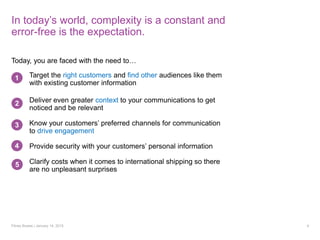 In today’s world, complexity is a constant and
error-free is the expectation.
Pitney Bowes | January 14, 2015 4
Target the right customers and find other audiences like them
with existing customer information
Deliver even greater context to your communications to get
noticed and be relevant
Know your customers’ preferred channels for communication
to drive engagement
Provide security with your customers’ personal information
Clarify costs when it comes to international shipping so there
are no unpleasant surprises
1
2
3
4
5
Today, you are faced with the need to…
 