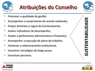 Atribuições do Conselho Promover a qualidade de gestão; Acompanhar o cumprimento do acordo celebrado; Propor diretrizes e regras de funcionamento; Avaliar indicadores de desempenho; Avaliar a performance administrativa e financeira; Acompanhar a execução do plano de trabalho; Fomentar o relacionamento institucional; Incentivar estratégias de longo prazo; Incentivar parcerias. SUSTENTABILIDADE 