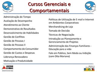 Cursos Gerenciais e Comportamentais Administração do Tempo Avaliação de Desempenho Atendimento ao Cliente Demonstrativo de Resultados Desenvolvimento de Habilidades Gestão de Conflitos Gestão de Pessoas I Gestão de Pessoas II Comportamento do Consumidor Gestão de Custos e Despesas Liderança Renovadora Motivação e Produtividade Políticas de Utilização de E-mail e Internet em Ambientes Corporativos Merchandising de Loja Tomada de Decisão Técnicas de Negociação Introdução ao Planejamento e Gerenciamento de Projetos Administração das Finanças Familiares - Educação para a vida Fale em Público, Sem Medo ou Inibição (com Olto Mariano) 