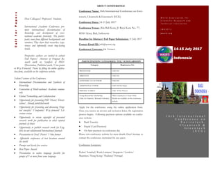 Dear Colleagues/ Professors/ Students,
International Academic Conferences pro-
mote international dissemination of
knowledge and development of cross-
national academic fraternity. The partici-
pants come from different backgrounds and
countries. They share their researches, expe-
riences and informally create long-lasting
bonds.
Prospective authors are invited to submit
Full Papers/ Abstract of Original Re-
search work or, Synopsis of PhD/
Dissertation, Published work, View-points
or Way Forward/ Poster by filling the online applica-
tion form, available on the conference website.
Salient Features of the Conference:
 International Dissemination and Synthesis of
Knowledge
 Generation of Multi-national Academic commu-
nity
 Global Networking and Collaboration
 Opportunity for presenting PhD Thesis/ Disser-
tation/ Already published work
 Opportunity for presenting and discussing Origi-
nal concepts/ Viewpoints/ Way forward/ Lit-
erature review
 Opportunity to retain copyright of presented
research work for publication in other reputed
journals of choice
 Opportunity to publish research work (in Eng-
lish) in our collaborated International Journals
 Presentation in Oral/ Poster/ Video format
 Affordable conferences at best locations around
the world
 Prompt and hassle free services
 Best Paper Award
 Presentation in native language possible for
groups of 5 or more from same language
14-15 July 2017
Indonesia
CallforPapers
W o r l d A s s o c i a t i o n f o r
S c i e n t i f i c R e s e a r c h a n d
T e c h n i c a l I n n o v a t i o n
( W A S R T I )
w a s r t i . o r g
1 6 t h I n t e r n a t i o n a l
C o n f e r e n c e o n
E n v i r o t e c h ,
C l e a n t e c h &
G r e e n t e c h
( E C G )
ABOUT CONFERENCE
Conference Name: 16th International Conference on Envi-
rotech, Cleantech & Greentech (ECG)
Conference Dates: 14-15 July 2017
Conference Venue: Ibis Bali Kuta, Jl. Raya Kuta No. 77,
80361 Kuta, Bali, Indonesia
Deadline for Abstract/ Full Paper Submission: 11 July 2017
Contact Email ID: info@wasrti.org
Conference Convener: Dr. Vivian L
PARTICIPATION CATEGORIES/ FEE/ SCHOLARSHIPS
Category Registration Fee
PRESENTER USD 250
ABSENTIA USD 150
LISTENER/ CO-AUTHOR USD 200
ADDITIONAL PAPER USD 100 Per Paper
FRIEND/ FAMILY USD 50 Per Person
Young Researcher Scholarship
(Only for Students/ Research Scholars)
FREE (Limited to 5 Seats Only)
Details are available on the conference
website.
Apply for the conference using the online application form.
Once you receive an invoice and invitation letter, the registration
process begins. Following payment options available on confer-
ence website:
 Bank Transfer
 Paypal (Card Payment)
 On Spot payment on conference day
Please visit conference website for more details. Don’t hesitate to
contact the conference secretariat for any query.
Conference Locations:
Dubai/ Istanbul/ Kuala Lumpur/ Singapore/ London/
Mauritius/ Hong Kong/ Thailand/ Portugal
 