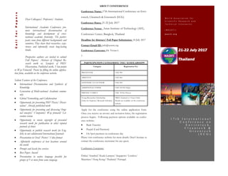 Dear Colleagues/ Professors/ Students,
International Academic Conferences pro-
mote international dissemination of
knowledge and development of cross-
national academic fraternity. The partici-
pants come from different backgrounds and
countries. They share their researches, expe-
riences and informally create long-lasting
bonds.
Prospective authors are invited to submit
Full Papers/ Abstract of Original Re-
search work or, Synopsis of PhD/
Dissertation, Published work, View-points
or Way Forward/ Poster by filling the online applica-
tion form, available on the conference website.
Salient Features of the Conference:
 International Dissemination and Synthesis of
Knowledge
 Generation of Multi-national Academic commu-
nity
 Global Networking and Collaboration
 Opportunity for presenting PhD Thesis/ Disser-
tation/ Already published work
 Opportunity for presenting and discussing Origi-
nal concepts/ Viewpoints/ Way forward/ Lit-
erature review
 Opportunity to retain copyright of presented
research work for publication in other reputed
journals of choice
 Opportunity to publish research work (in Eng-
lish) in our collaborated International Journals
 Presentation in Oral/ Poster/ Video format
 Affordable conferences at best locations around
the world
 Prompt and hassle free services
 Best Paper Award
 Presentation in native language possible for
groups of 5 or more from same language
21-22 July 2017
Thailand
CallforPapers
W o r l d A s s o c i a t i o n f o r
S c i e n t i f i c R e s e a r c h a n d
T e c h n i c a l I n n o v a t i o n
( W A S R T I )
w a s r t i . o r g
1 7 t h I n t e r n a t i o n a l
C o n f e r e n c e o n
E n v i r o t e c h ,
C l e a n t e c h &
G r e e n t e c h
( E C G )
ABOUT CONFERENCE
Conference Name: 17th International Conference on Envi-
rotech, Cleantech & Greentech (ECG)
Conference Dates: 21-22 July 2017
Conference Venue: Asian Institute of Technology (AIT),
Conference Center, Bangkok, Thailand
Deadline for Abstract/ Full Paper Submission: 18 July 2017
Contact Email ID: info@wasrti.org
Conference Convener: Dr. Vivian L
1
PARTICIPATION CATEGORIES/ FEE/ SCHOLARSHIPS
Category Registration Fee
PRESENTER USD 300
ABSENTIA USD 200
LISTENER/ CO-AUTHOR USD 250
ADDITIONAL PAPER USD 150 Per Paper
FRIEND/ FAMILY USD 50 Per Person
Young Researcher Scholarship
(Only for Students/ Research Scholars)
FREE (Limited to 5 Seats Only)
Details are available on the conference
website.
Apply for the conference using the online application form.
Once you receive an invoice and invitation letter, the registration
process begins. Following payment options available on confer-
ence website:
 Bank Transfer
 Paypal (Card Payment)
 On Spot payment on conference day
Please visit conference website for more details. Don’t hesitate to
contact the conference secretariat for any query.
Conference Locations:
Dubai/ Istanbul/ Kuala Lumpur/ Singapore/ London/
Mauritius/ Hong Kong/ Thailand/ Portugal
 