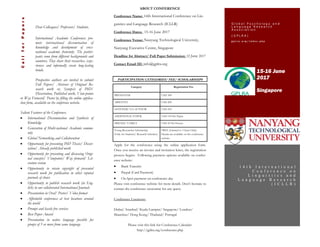 Dear Colleagues/ Professors/ Students,
International Academic Conferences pro-
mote international dissemination of
knowledge and development of cross-
national academic fraternity. The partici-
pants come from different backgrounds and
countries. They share their researches, expe-
riences and informally create long-lasting
bonds.
Prospective authors are invited to submit
Full Papers/ Abstract of Original Re-
search work or, Synopsis of PhD/
Dissertation, Published work, View-points
or Way Forward/ Poster by filling the online applica-
tion form, available on the conference website.
Salient Features of the Conference:
 International Dissemination and Synthesis of
Knowledge
 Generation of Multi-national Academic commu-
nity
 Global Networking and Collaboration
 Opportunity for presenting PhD Thesis/ Disser-
tation/ Already published work
 Opportunity for presenting and discussing Origi-
nal concepts/ Viewpoints/ Way forward/ Lit-
erature review
 Opportunity to retain copyright of presented
research work for publication in other reputed
journals of choice
 Opportunity to publish research work (in Eng-
lish) in our collaborated International Journals
 Presentation in Oral/ Poster/ Video format
 Affordable conferences at best locations around
the world
 Prompt and hassle free services
 Best Paper Award
 Presentation in native language possible for
groups of 5 or more from same language
15-16 June
2017
Singapore
CallforPapers G l o b a l P s y c h o l o g y a n d
L a n g u a g e R e s e a r c h
A s s o c i a t i o n
( G P L R A )
g p l r a . o r g / i n d e x . p h p
1 4 t h I n t e r n a t i o n a l
C o n f e r e n c e o n
L i n g u i s t i c s a n d
L a n g u a g e R e s e a r c h
( I C L L R )
ABOUT CONFERENCE
Conference Name: 14th International Conference on Lin-
guistics and Language Research (ICLLR)
Conference Dates: 15-16 June 2017
Conference Venue: Nanyang Technological University,
Nanyang Executive Centre, Singapore
Deadline for Abstract/ Full Paper Submission: 12 June 2017
Contact Email ID: info@gplra.org
PARTICIPATION CATEGORIES/ FEE/ SCHOLARSHIPS
Category Registration Fee
PRESENTER USD 300
ABSENTIA USD 200
LISTENER/ CO-AUTHOR USD 250
ADDITIONAL PAPER USD 150 Per Paper
FRIEND/ FAMILY USD 50 Per Person
Young Researcher Scholarship
(Only for Students/ Research Scholars)
FREE (Limited to 5 Seats Only)
Details are available on the conference
website.
Apply for the conference using the online application form.
Once you receive an invoice and invitation letter, the registration
process begins. Following payment options available on confer-
ence website:
 Bank Transfer
 Paypal (Card Payment)
 On Spot payment on conference day
Please visit conference website for more details. Don’t hesitate to
contact the conference secretariat for any query.
Conference Locations:
Dubai/ Istanbul/ Kuala Lumpur/ Singapore/ London/
Mauritius/ Hong Kong/ Thailand/ Portugal
Please visit this link for Conference Calendar:
http://gplra.org/conference.php
 