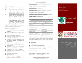 Dear Colleagues/ Professors/ Students,
International Academic Conferences pro-
mote international dissemination of
knowledge and development of cross-
national academic fraternity. The partici-
pants come from different backgrounds and
countries. They share their researches, expe-
riences and informally create long-lasting
bonds.
Prospective authors are invited to submit
Full Papers/ Abstract of Original Re-
search work or, Synopsis of PhD/
Dissertation, Published work, View-points
or Way Forward/ Poster by filling the online applica-
tion form, available on the conference website.
Salient Features of the Conference:
 International Dissemination and Synthesis of
Knowledge
 Generation of Multi-national Academic commu-
nity
 Global Networking and Collaboration
 Opportunity for presenting PhD Thesis/ Disser-
tation/ Already published work
 Opportunity for presenting and discussing Origi-
nal concepts/ Viewpoints/ Way forward/ Lit-
erature review
 Opportunity to retain copyright of presented
research work for publication in other reputed
journals of choice
 Opportunity to publish research work (in Eng-
lish) in our collaborated International Journals
 Presentation in Oral/ Poster/ Video format
 Affordable conferences at best locations around
the world
 Prompt and hassle free services
 Best Paper Award
 Presentation in native language possible for
groups of 5 or more from same language
15-16 June 2017
Singapore
CallforPapers G l o b a l P s y c h o l o g y a n d
L a n g u a g e R e s e a r c h
A s s o c i a t i o n
( G P L R A )
g p l r a . o r g / i n d e x . p h p
1 4 t h I n t e r n a t i o n a l
C o n f e r e n c e o n
P s y c h o l o g y a n d
B e h a v i o u r a l
S c i e n c e s ( I C P B S )
ABOUT CONFERENCE
Conference Name: 14th International Conference on Psy-
chology and Behavioural Sciences (ICPBS)
Conference Dates: 15-16 June 2017
Conference Venue: Nanyang Technological University,
Nanyang Executive Centre, Singapore
Deadline for Abstract/ Full Paper Submission: 12 June 2017
Contact Email ID: info@gplra.org
PARTICIPATION CATEGORIES/ FEE/ SCHOLARSHIPS
Category Registration Fee
PRESENTER USD 300
ABSENTIA USD 200
LISTENER/ CO-AUTHOR USD 250
ADDITIONAL PAPER USD 150 Per Paper
FRIEND/ FAMILY USD 50 Per Person
Young Researcher Scholarship
(Only for Students/ Research Scholars)
FREE (Limited to 5 Seats Only)
Details are available on the conference
website.
Apply for the conference using the online application form.
Once you receive an invoice and invitation letter, the registration
process begins. Following payment options available on confer-
ence website:
 Bank Transfer
 Paypal (Card Payment)
 On Spot payment on conference day
Please visit conference website for more details. Don’t hesitate to
contact the conference secretariat for any query.
Conference Locations:
Dubai/ Istanbul/ Kuala Lumpur/ Singapore/ London/
Mauritius/ Hong Kong/ Thailand/ Portugal
Please visit this link for Conference Calendar:
http://gplra.org/conference.php
 
