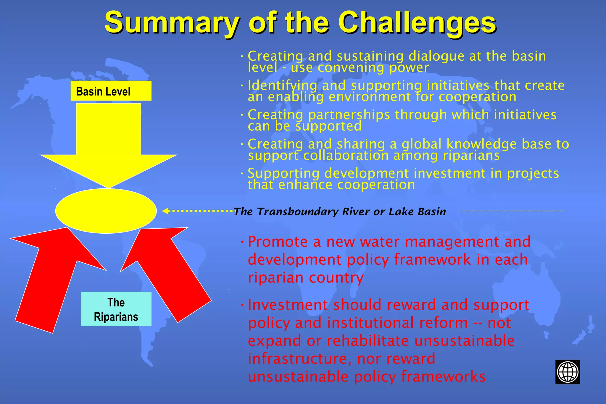 Summary of the ChallengesSummary of the Challenges
•Creating and sustaining dialogue at the basin
level - use convening power
•Identifying and supporting initiatives that create
an enabling environment for cooperation
•Creating partnerships through which initiatives
can be supported
•Creating and sharing a global knowledge base to
support collaboration among riparians
•Supporting development investment in projects
that enhance cooperation
Basin Level
The
Riparians
The Transboundary River or Lake Basin
•Promote a new water management and
development policy framework in each
riparian country
•Investment should reward and support
policy and institutional reform -- not
expand or rehabilitate unsustainable
infrastructure, nor reward
unsustainable policy frameworks
 