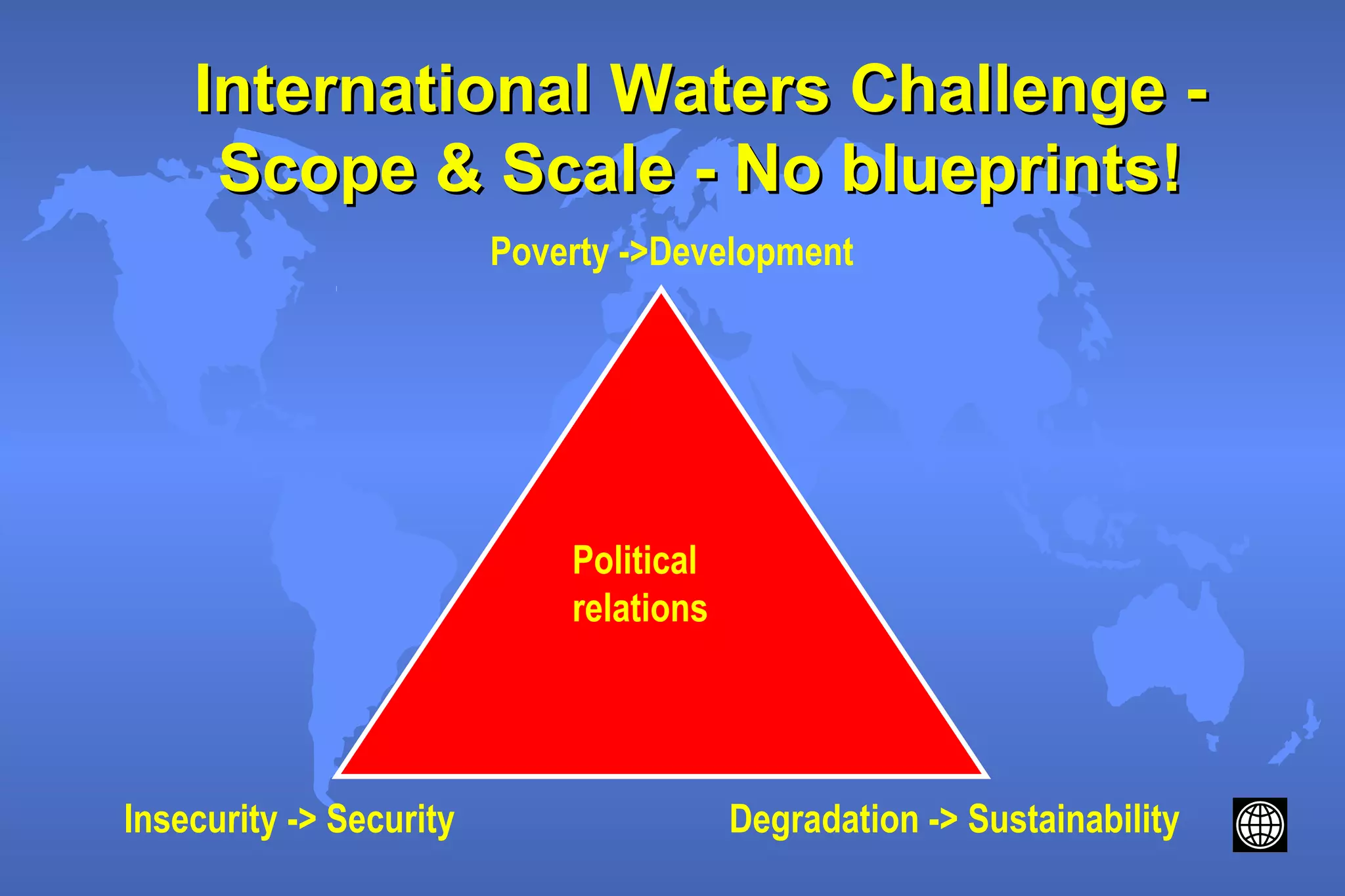 International Waters Challenge -International Waters Challenge -
Scope & Scale - No blueprints!Scope & Scale - No blueprints!
Poverty ->Development
Insecurity -> Security Degradation -> Sustainability
Political
relations
 