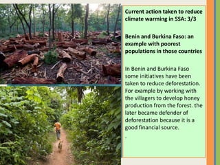 Current action taken to reduce
climate warming in SSA: 3/3
Benin and Burkina Faso: an
example with poorest
populations in those countries
In Benin and Burkina Faso
some initiatives have been
taken to reduce deforestation.
For example by working with
the villagers to develop honey
production from the forest. the
later became defender of
deforestation because it is a
good financial source.
.
 