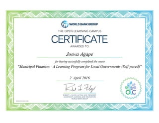 Joswa Agape
"Municipal Finances ­ A Learning Program for Local Governments (Self­paced)"
2  April 2016
00003768­00021066
 