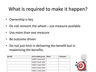 What is required to make it happen?
• Ownership is key
• Do not reinvent the wheel – use measure available
• Use more than one measure
• Be outcome driven
• Do not just limit in delivering the benefit but in
maximising the benefits.
 