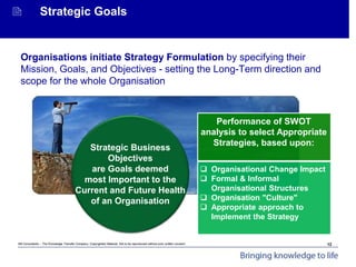 Mit Consultants – The Knowledge Transfer Company: Copyrighted Material. Not to be reproduced without prior written consent.
Achieving Organisational Goals - Introduction
 Strategic Goals
Organisations initiate Strategy Formulation by specifying their
Mission, Goals, and Objectives - setting the Long-Term direction and
scope for the whole Organisation
Performance of SWOT
analysis to select Appropriate
Strategies, based upon:
 Organisational Change Impact
 Formal & Informal
Organisational Structures
 Organisation "Culture"
 Appropriate approach to
Implement the Strategy
Strategic Business
Objectives
are Goals deemed
most Important to the
Current and Future Health
of an Organisation
12
 