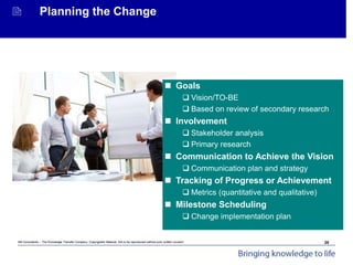 Mit Consultants – The Knowledge Transfer Company: Copyrighted Material. Not to be reproduced without prior written consent.
Achieving Organisational Goals - Introduction
 Planning the Change
 Goals
 Vision/TO-BE
 Based on review of secondary research
 Involvement
 Stakeholder analysis
 Primary research
 Communication to Achieve the Vision
 Communication plan and strategy
 Tracking of Progress or Achievement
 Metrics (quantitative and qualitative)
 Milestone Scheduling
 Change implementation plan
28
 